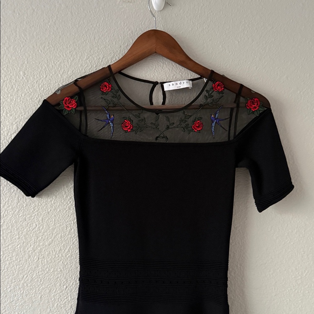 Sandro Rose and Bird Embroidery Paneled Knit Black Mesh Mini Fit Flare Dress 1 - Picture 4 of 14